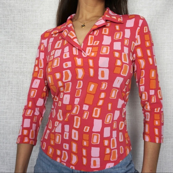 Pink 70’s Style Collared Quarter Sleeve Top - Picture 3 of 4